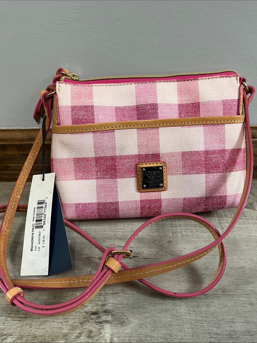 Dooney & Bourke Pink Gingham Crossbody Pouch with Tan Trim